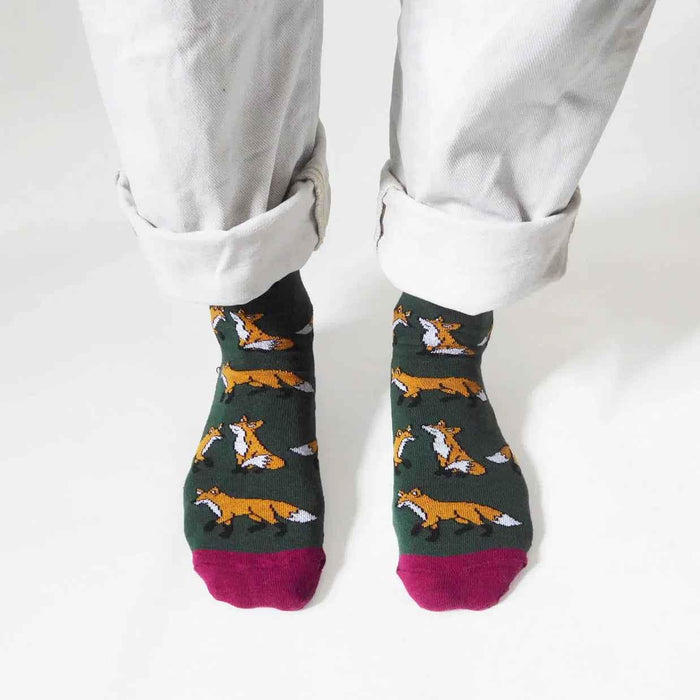 Barekind NZ bamboo socks featuring a colorful fox design, ideal for comfortable, eco-friendly adult sock wear.