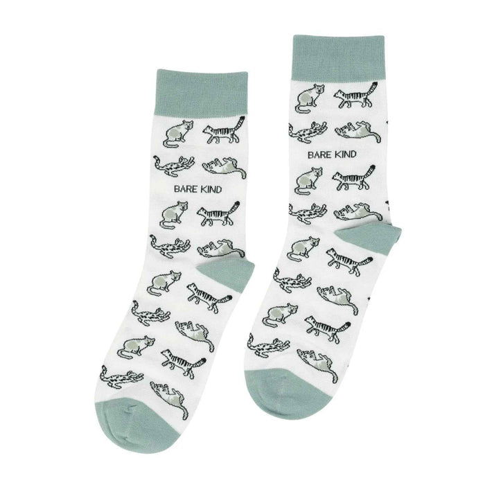 Barekind NZ bamboo socks featuring a green cat design, soft and comfortable adult socks for everyday wear.
