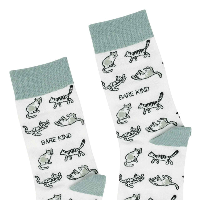 Barekind NZ bamboo socks featuring a green cat design for adults, made from eco-friendly bamboo material.
