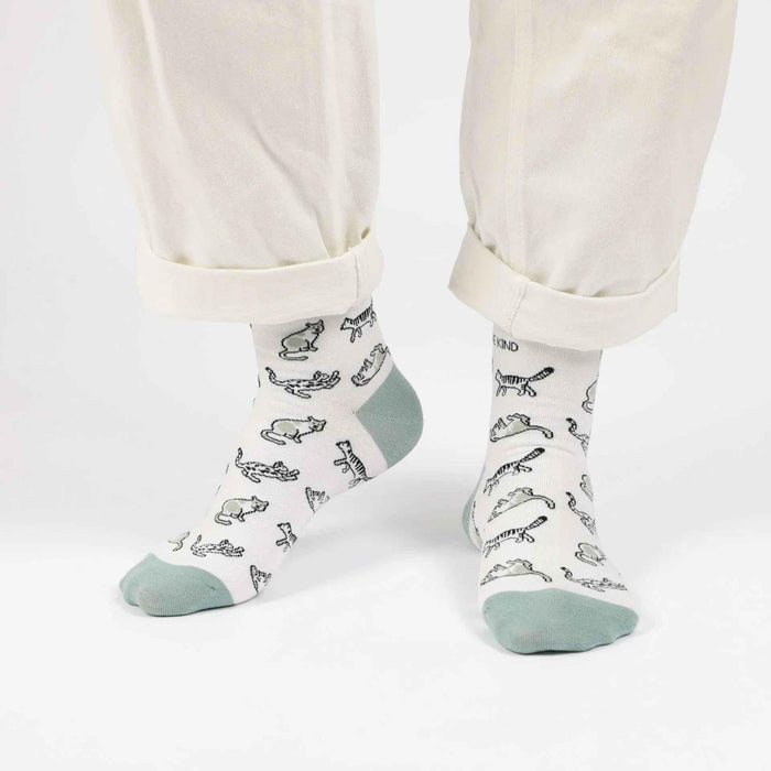 Barekind NZ bamboo socks featuring a green cat design, soft and eco-friendly socks for adults.