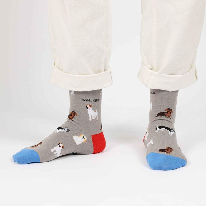 Barekind NZ bamboo socks featuring a grey dog design, designed for adult feet, comfortable and eco-friendly sock style.