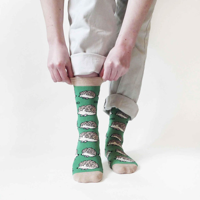 Barekind NZ bamboo socks featuring a hedgehog design, suitable for adults with shoe sizes 4-7, eco-friendly and comfortable.