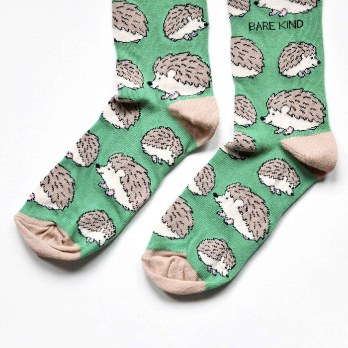 Barekind NZ Save the Hedgehogs bamboo socks for adults, featuring hedgehog and nature-inspired design.