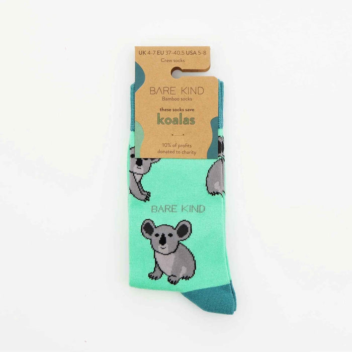 Barekind NZ bamboo socks featuring Save the Koalas design, comfortable adult socks made from sustainable bamboo fabric.