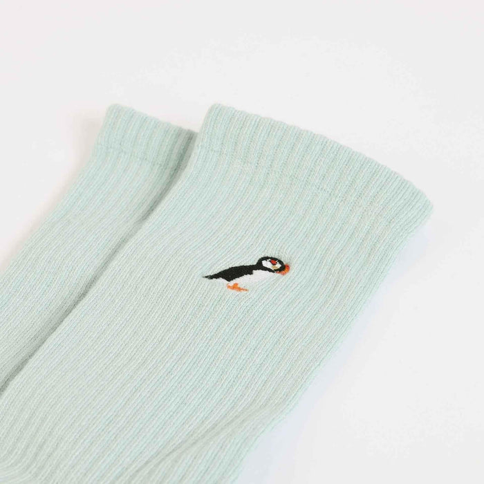 Barekind NZ Save the Puffin ribbed bamboo socks for adults, featuring a cozy knit design and eco-friendly bamboo material.
