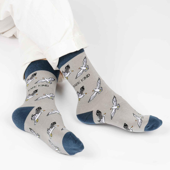 Barekind NZ bamboo socks featuring seagull design, comfortable adult socks made from sustainable bamboo material.