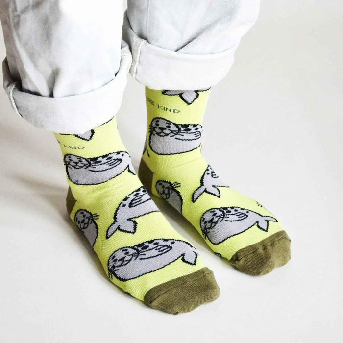 Barekind NZ bamboo socks featuring Save the Seals design, adult size 4-7, made from sustainable bamboo fabric.