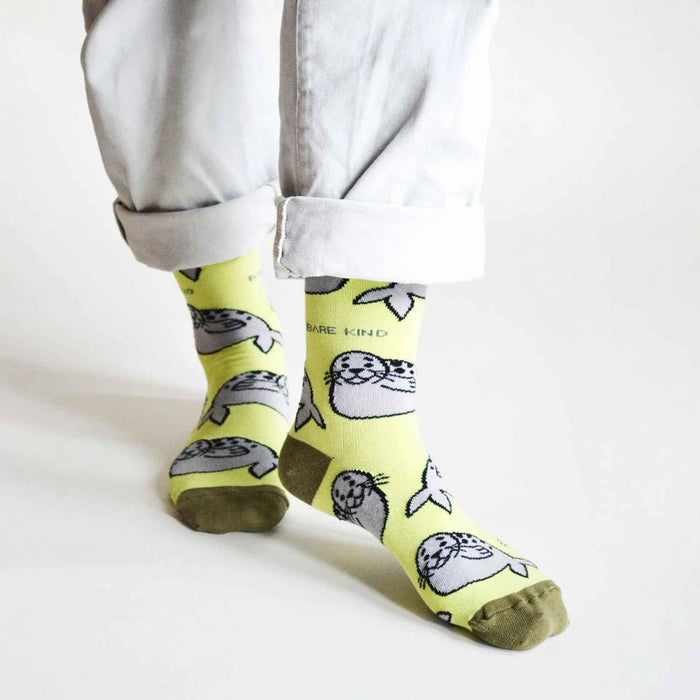 Barekind NZ bamboo socks for adults featuring Save the Seals design, made from eco-friendly bamboo material.