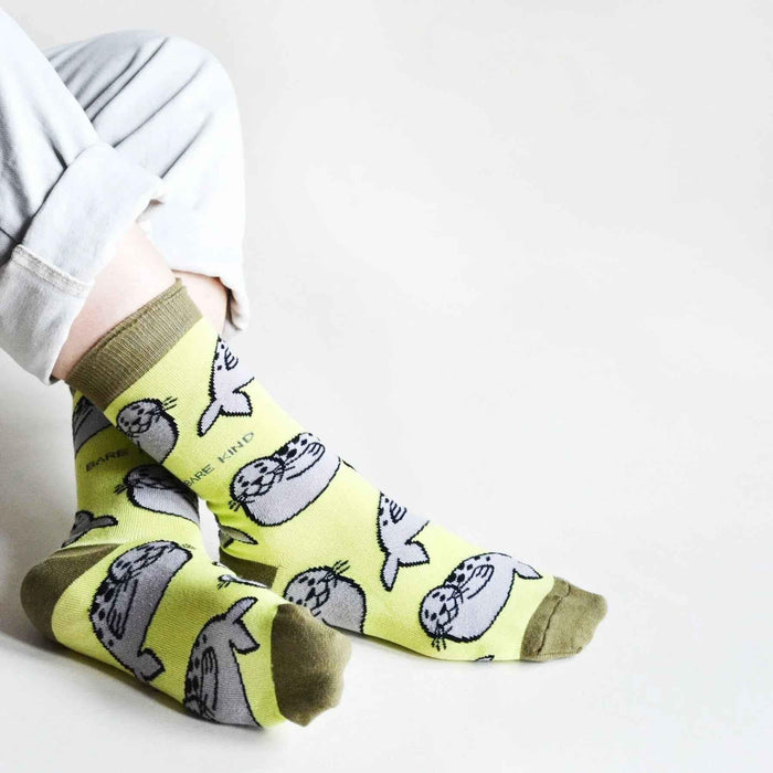 Barekind NZ Save the Seals bamboo socks for adults, featuring a colorful seal print on soft, eco-friendly bamboo fabric.