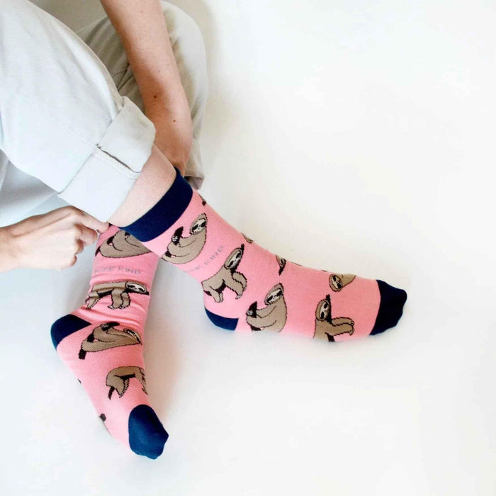 Barekind NZ bamboo socks featuring sloth designs, adult size 4-7, eco-friendly and comfortable for everyday wear.
