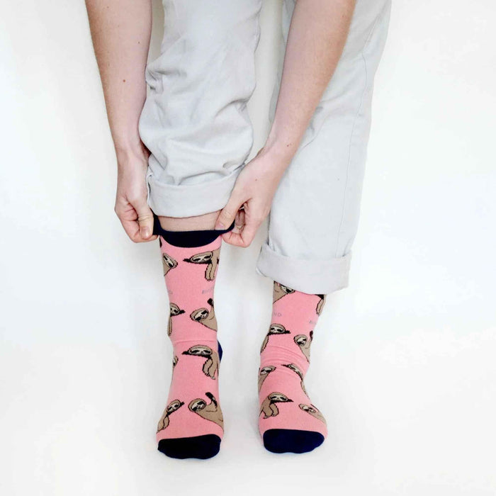 Barekind NZ bamboo socks featuring sloth designs, comfortable adult socks made from eco-friendly bamboo material.