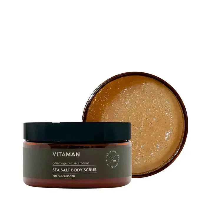VITAMAN Australia Sea Salt Body Scrub in a jar, showcasing the textured salt exfoliant for smooth, refreshed skin.