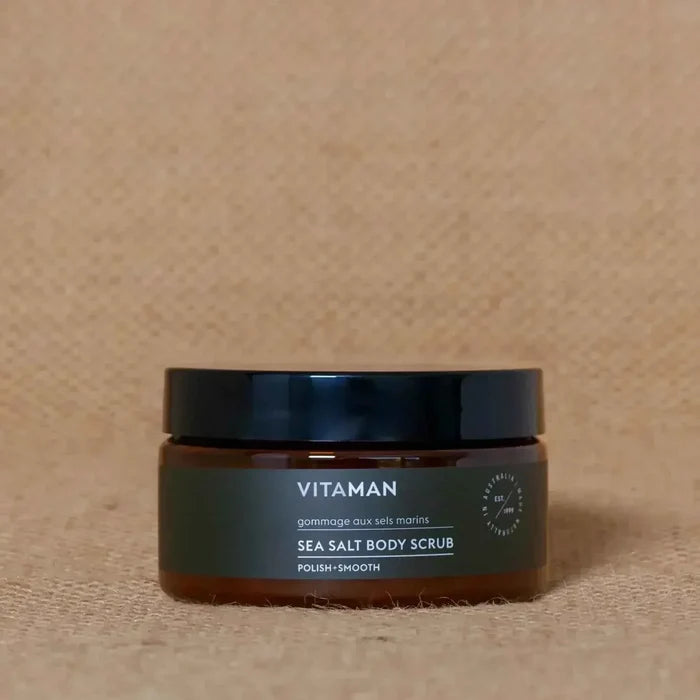 VITAMAN Australia Sea Salt Body Scrub in a jar, showing the textured salt exfoliant for smooth skin.