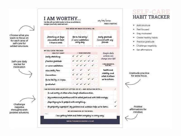 Self-care habit tracker notepad by Awesome Inc NZ with "I Am Worthy" title and space for tracking daily self-care habits.
