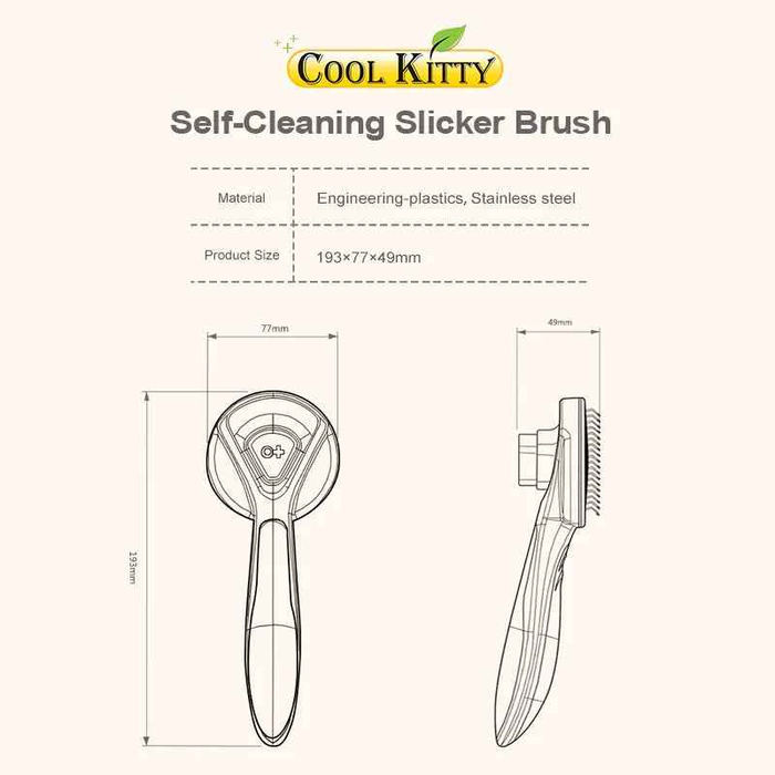 Self-cleaning slicker pet brush from Cool Kitty Cat Litter with fine metal bristles for gentle grooming of cats and small pets.
