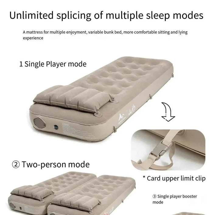 Self-inflatable camping mattress from Mead's Supply & Equipment Outfitters, double size with pillow, suitable for outdoor and home use.