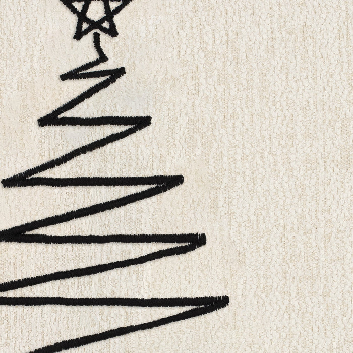 Detail image of Black stitched tree motif on textured ivory ground pillow square size for festive indoor and outdoor decor