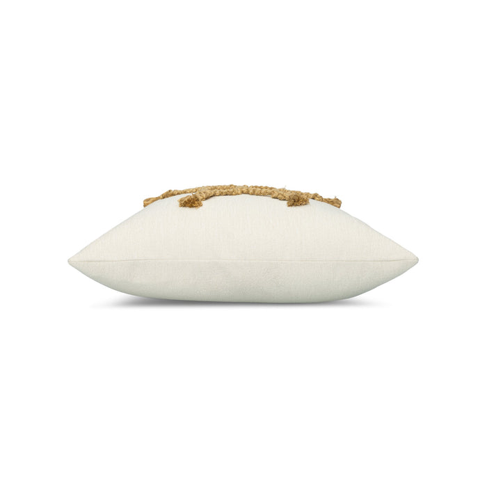 Side image of Ivory and gold snowflake motif pillow square size for seasonal indoor and outdoor decor by Elaine Smith