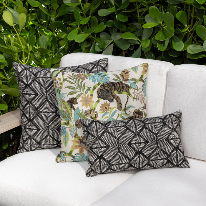 Outdoor image of pillows in Elegant pearl-toned outdoor safe woven fabric