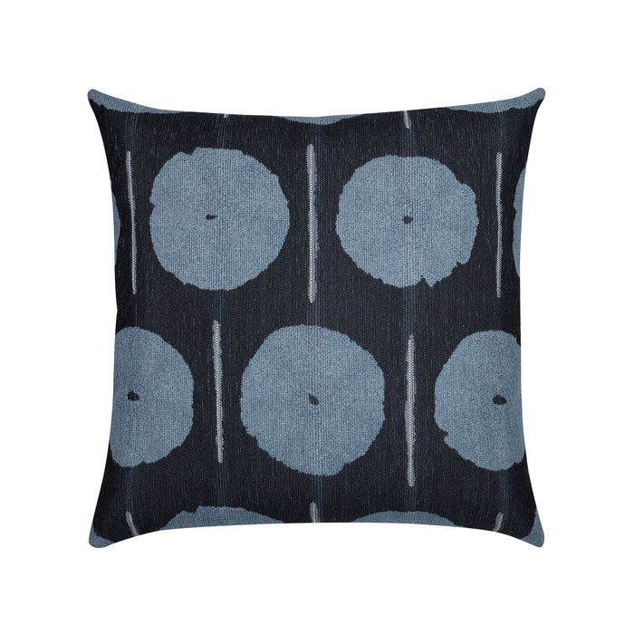 A square throw pillow featuring a dark charcoal background with a repeating pattern of muted blue-gray circular motifs and thin vertical white lines.
