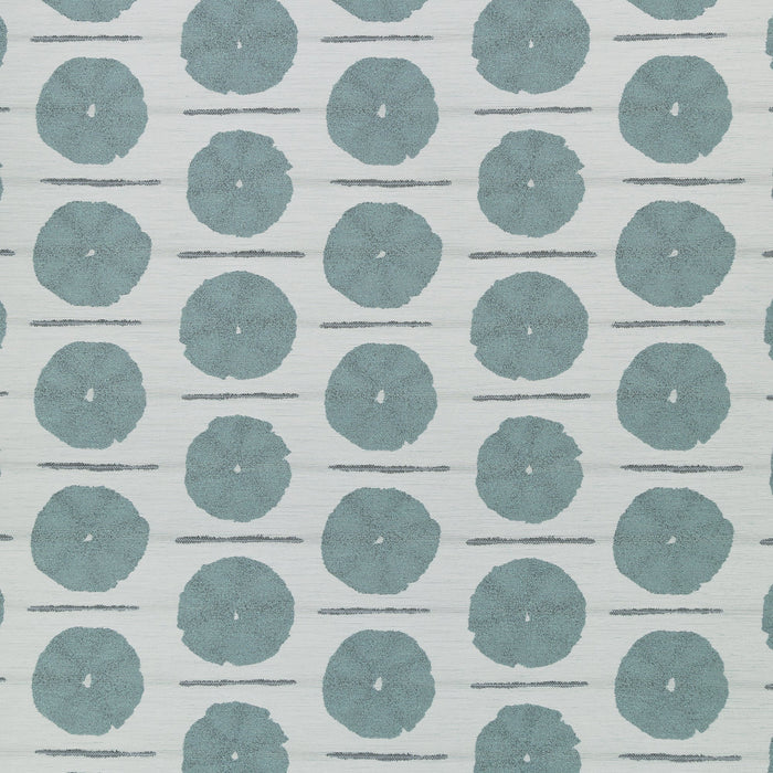 Outdoor safe fabric with circular watercolor motif in mist blue tones-full fabric repeat image