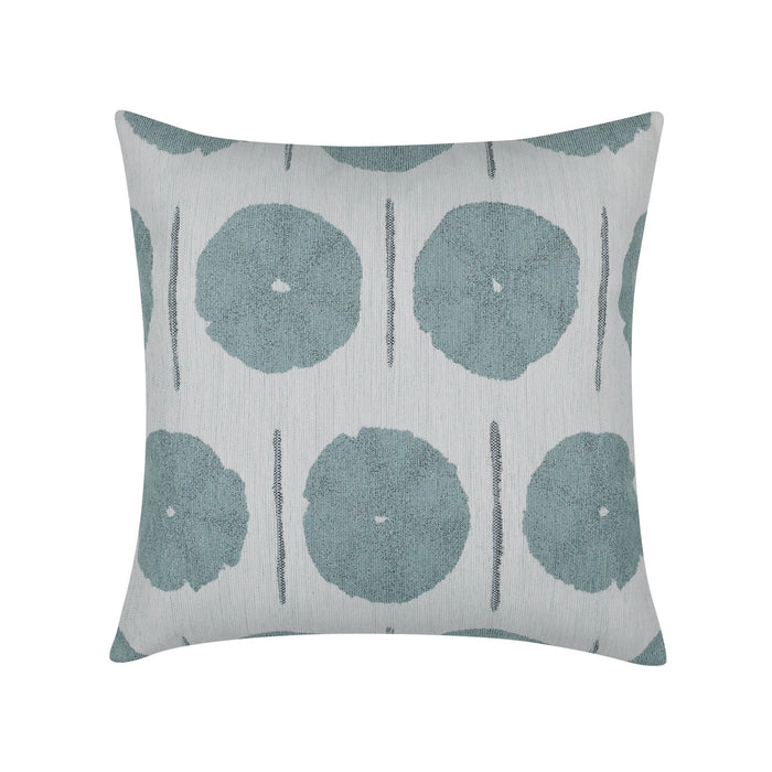 Pillow made from Outdoor safe fabric with circular watercolor motif in mist blue tones