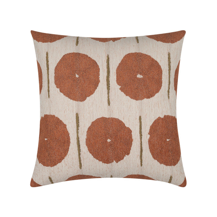 Pillow made from Artful circle motif in papaya orange on outdoor-safe fabric – Solstice Papaya by Elaine Smith