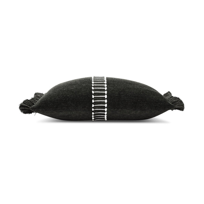 Side image of Black velour pillow with black and white center band in lumbar size for dramatic indoor and outdoor decor