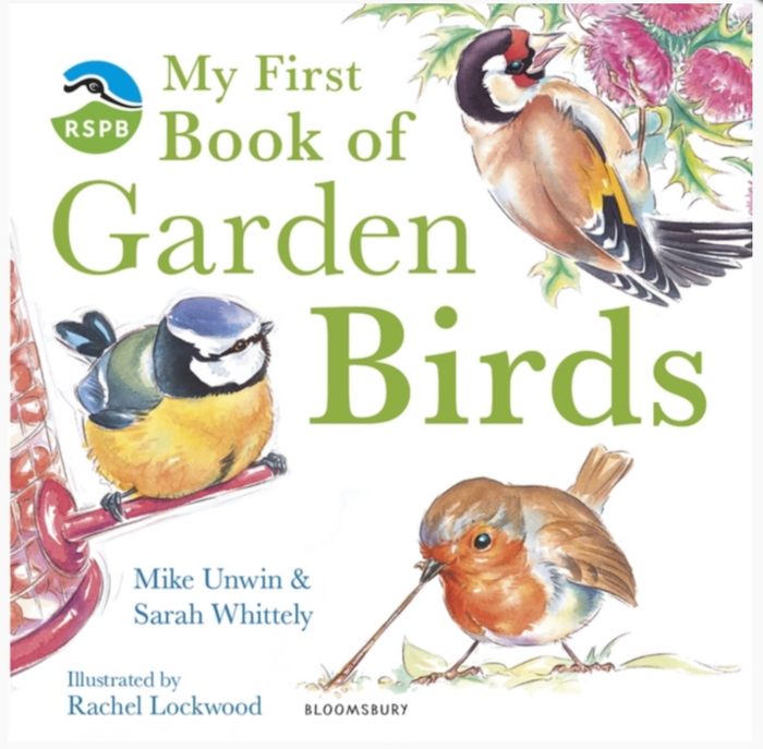 Book cover of 'My First Book of Garden Birds' with illustrations of birds and RSPB logo.