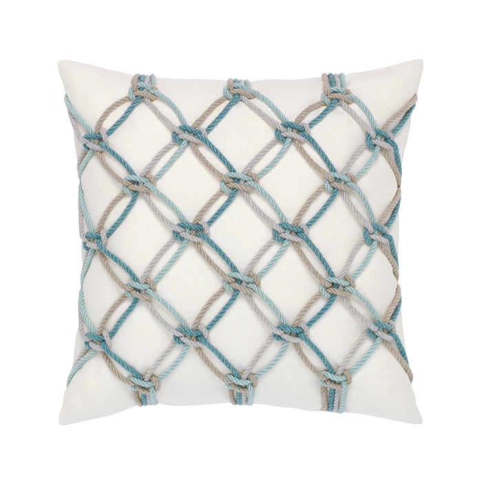 Hand crafted rope pillow in ivory square with aqua rope macrame