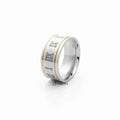 Stainless steel 10mm wide Roman numerals center band ring by Glitters, featuring engraved numeral design on smooth band.