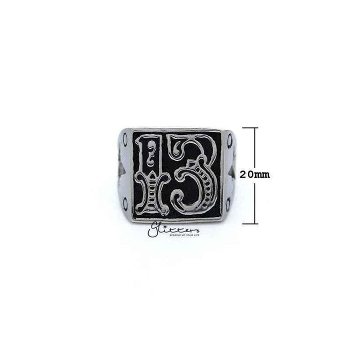 Stainless steel men's ring with antiqued number 13 casting, from Glitters, featuring detailed metalwork and a bold design.