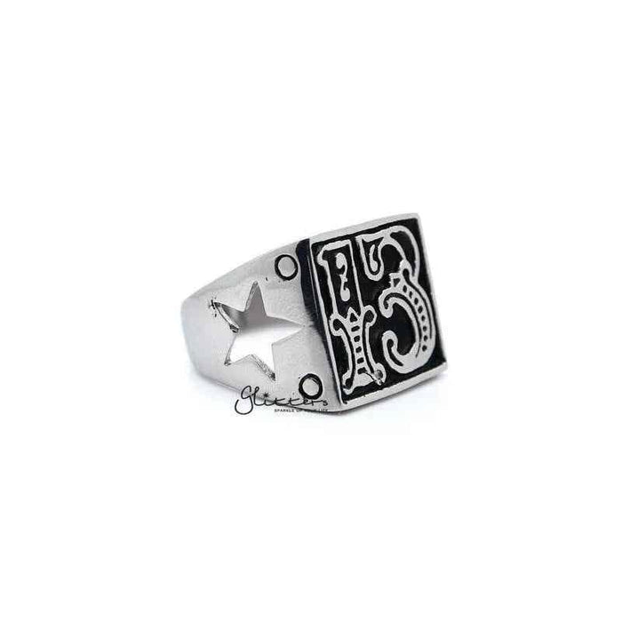 Stainless steel antiqued number 13 casting men's ring by Glitters, featuring a bold engraved numeral design.