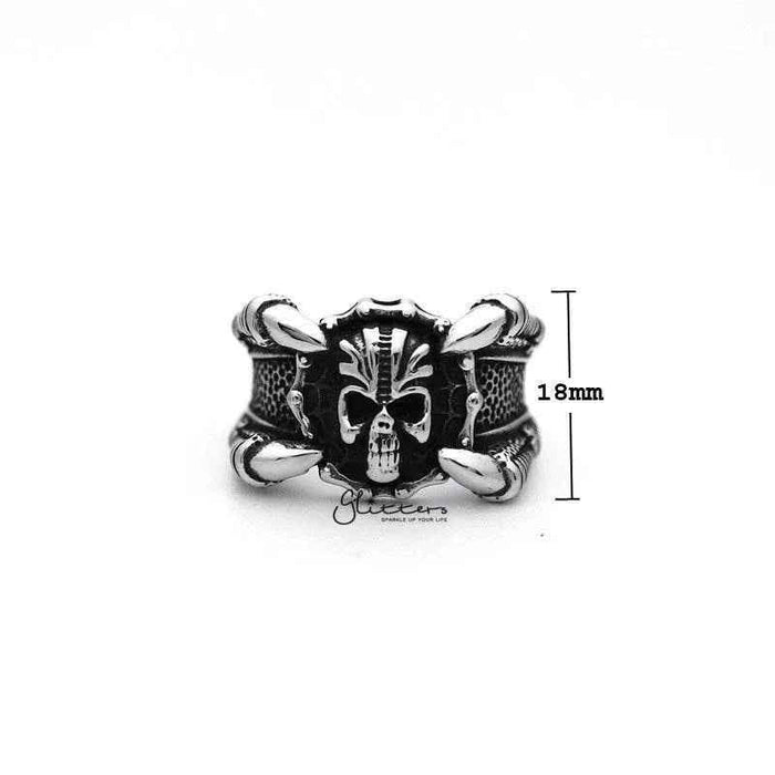 Stainless steel men's ring featuring an antiqued skull head with four claws, crafted by Glitters.