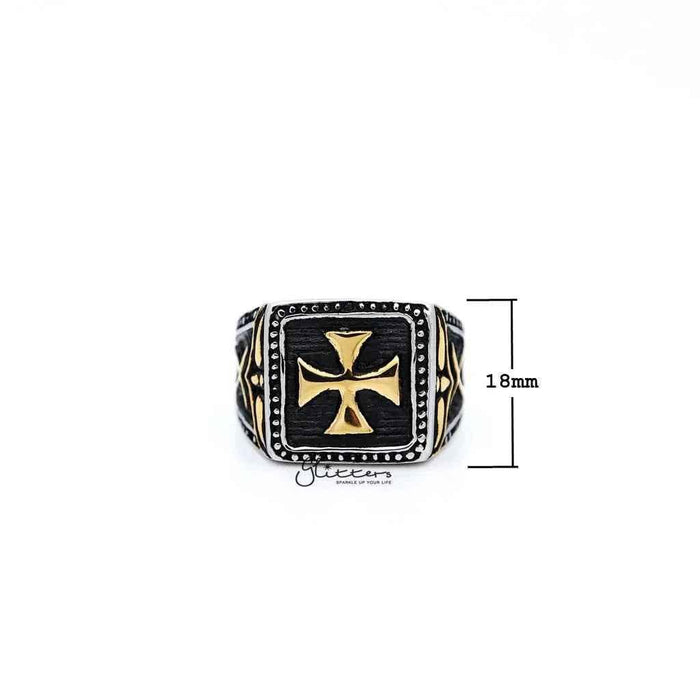 Stainless steel antiqued two-tone cross casting men's ring with detailed design, from Glitters, showcasing a stylish and durable jewelry piece.