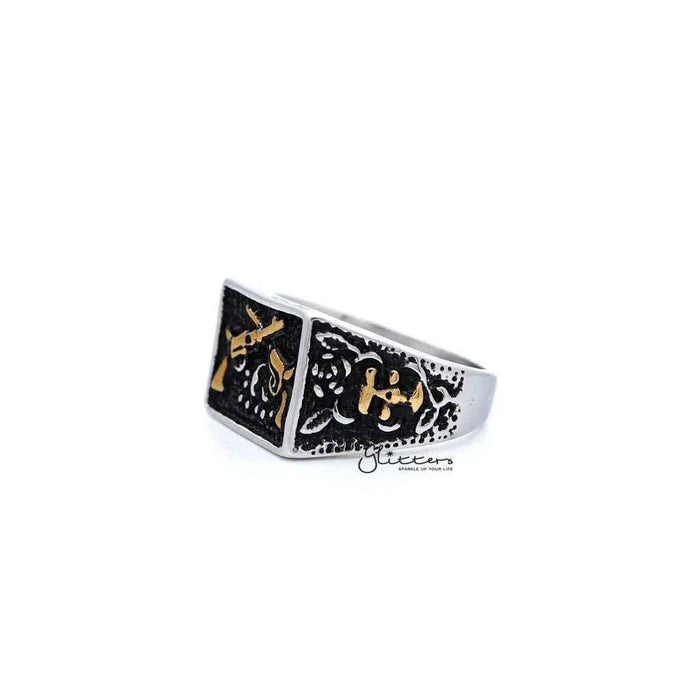 Stainless steel men's ring by Glitters featuring antiqued two-tone square design with crossed guns detail.