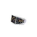 Stainless steel men's ring by Glitters featuring antiqued two-tone square design with crossed guns detail.