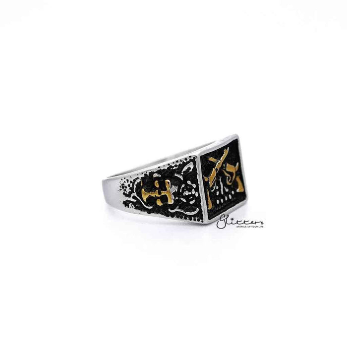 Stainless steel men's ring with antiqued two-tone square design and crossed guns casting, by Glitters.