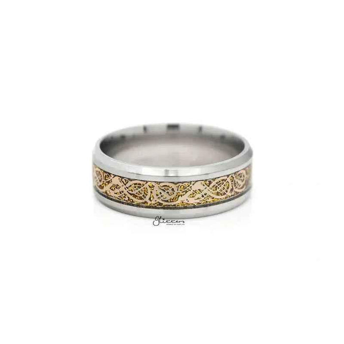 Stainless steel beveled edge band ring with gold stripe pattern, stylish jewelry by Glitters.