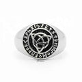 Stainless steel Celtic Trinity Knot Rune Signet Ring with engraved knot design, crafted by Glitters.