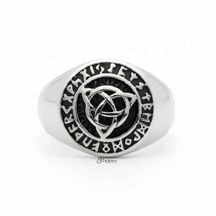 Stainless steel Celtic Trinity Knot Rune Signet Ring with engraved knot design, crafted by Glitters.