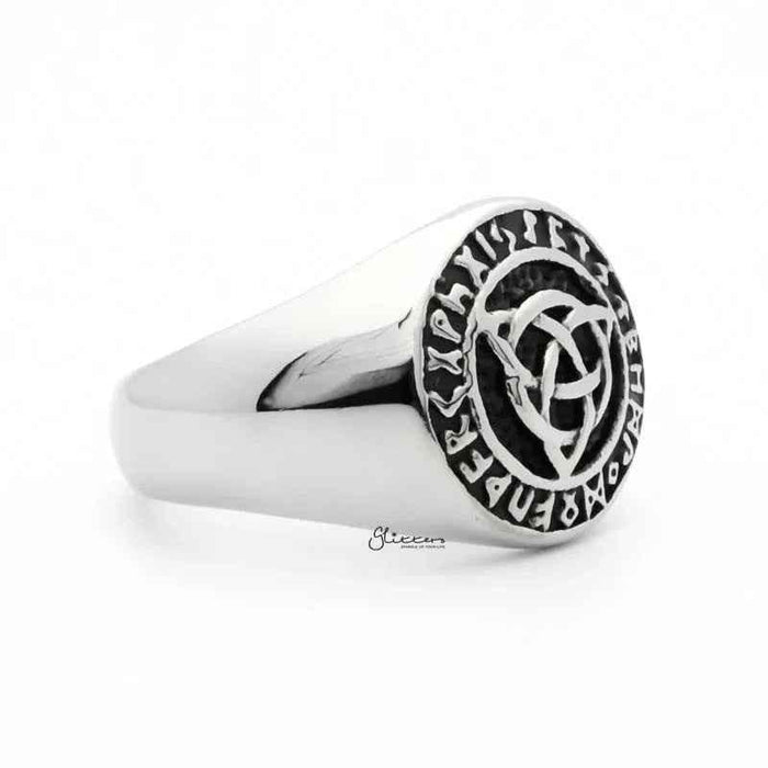Stainless steel Celtic Trinity Knot Rune Signet Ring with engraved knot design, crafted by Glitters.