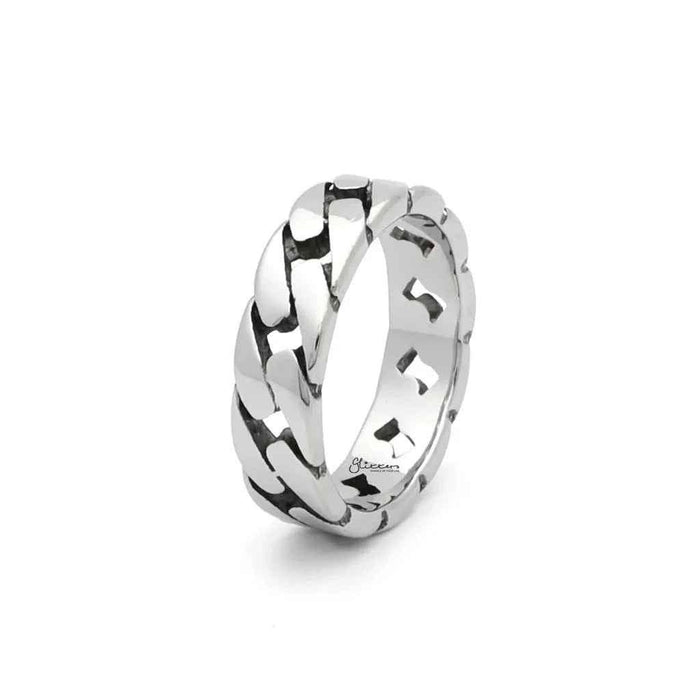 Silver stainless steel Cuban curb chain link ring from Glitters, featuring a bold and durable chain design.