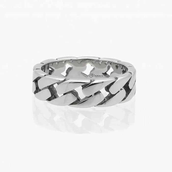 Silver stainless steel Cuban curb chain link ring by Glitters, featuring a bold, textured chain design for a modern accessory look.