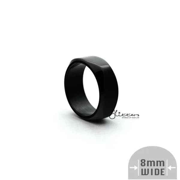 Black stainless steel ring featuring an 8mm wide high-polished square-shaped band, from Glitters.