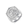Stainless steel knight coin signet ring in silver, featuring a detailed engraved knight design, by Glitters.