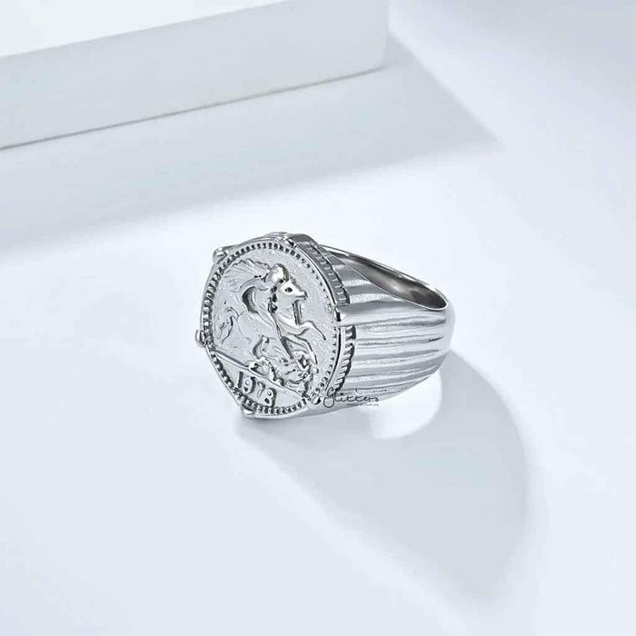 Stainless steel knight coin signet ring in silver with detailed crest design, crafted by Glitters for stainless steel rings.