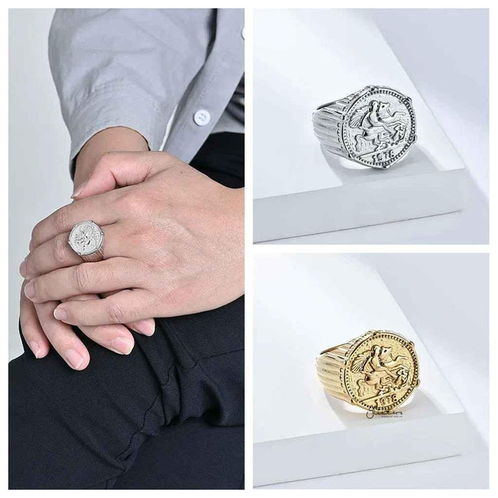 Stainless steel knight coin signet ring in silver with intricate engraved design, crafted by Glitters.