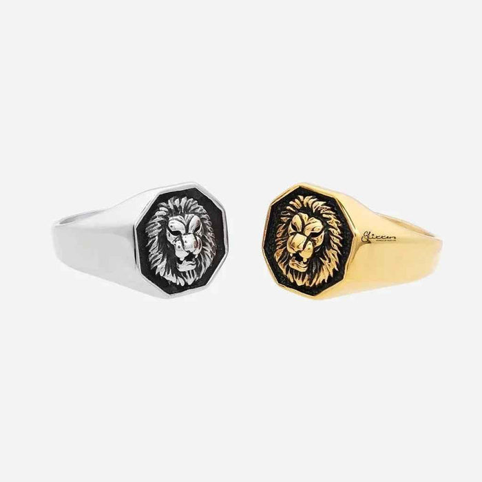 Stainless steel lion ring in silver by Glitters, featuring a detailed lion design on a sleek band.