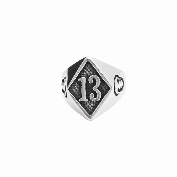 Stainless steel Number 13 and skulls ring by Glitters featuring engraved numerals and skull motifs.